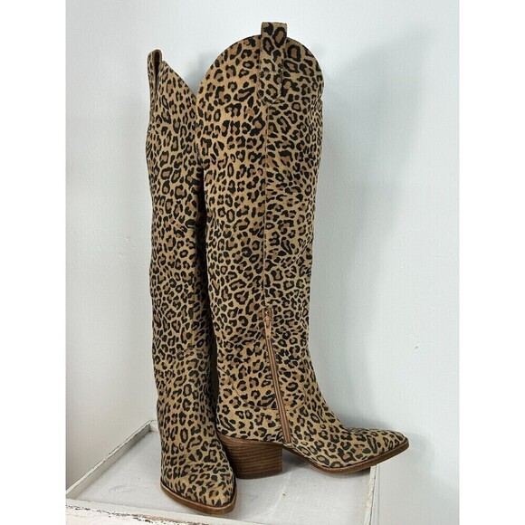Gianni Bini Women Size 5.5 Leather Boot Cheetah Leopard Over The Knee Western Rk - Picture 3 of 12